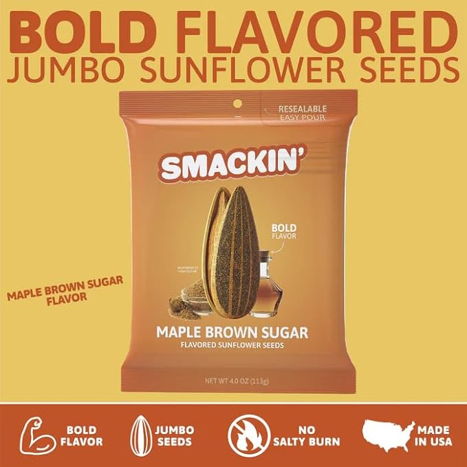 SMACKIN' Sunflower Seeds Roasted Jumbo Small-Batch American Made - Maple Brown Sugar. 4oz bags (12 Pack)