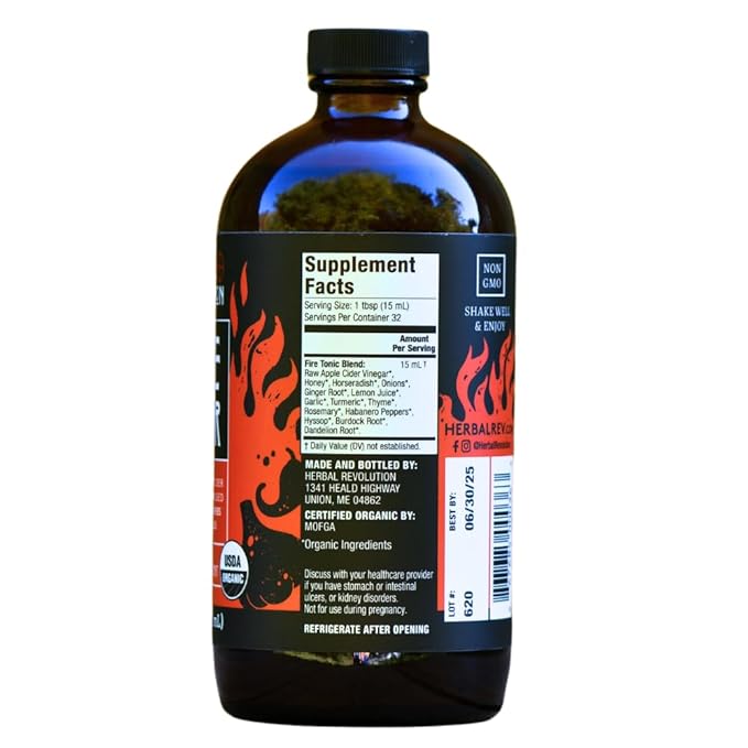 Herbal Revolution Fire Cider Apple Cider Vinegar - Certified Organic Non-GMO ACV Infused with Ginger Horseradish Hot Peppers Honey and More - Made Using Regenerative Farming Practices 16 Oz