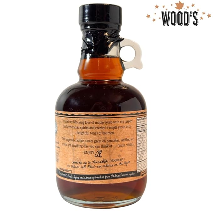 WOOD'S Vermont Bourbon Barrel Aged Maple Syrup – Premium Maple Syrup with Rich Flavor &amp Subtle Bourbon Notes – Ideal for Pancakes Desserts and Cocktails – 8.45 oz