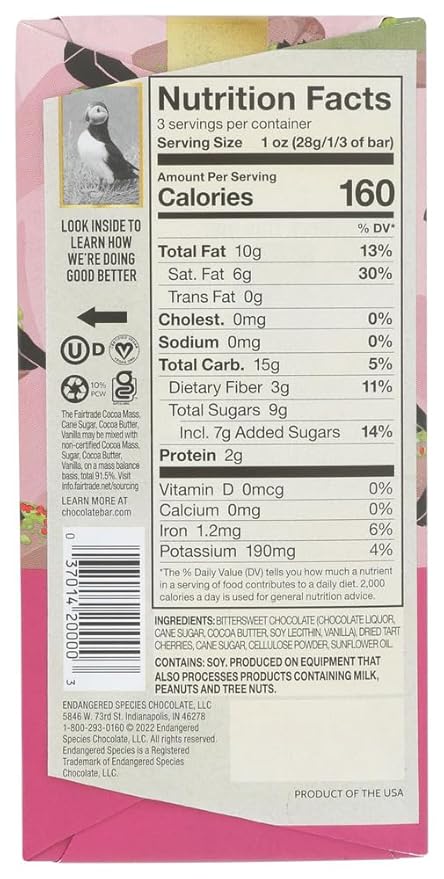 Endangered Species Puffin Dark Chocolate with Cherries 3 Ounce (Pack of 12) by Endangered Species