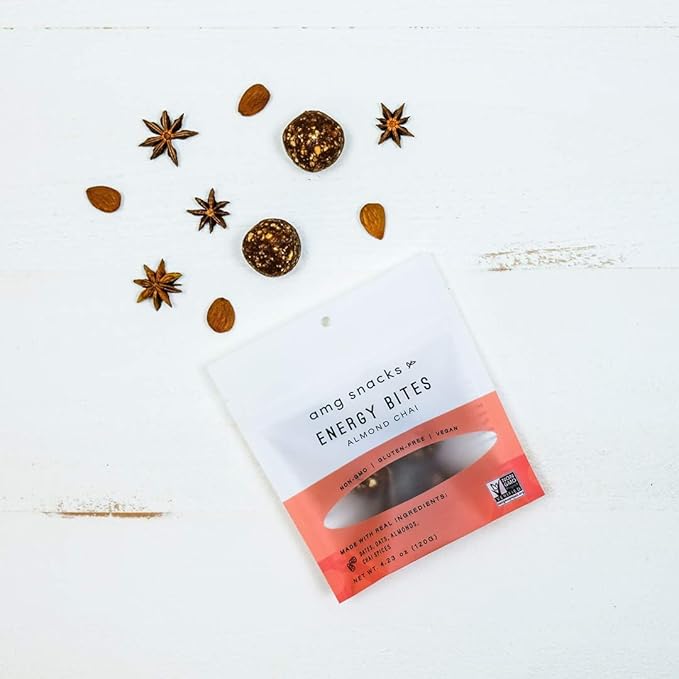 AMG Snacks Almond Chai Energy Bites | 4.3 oz Pack of 6 (72 Bites Total) | Date and Nut Energy Snacks Protein Bars | Non GMO Gluten Free Vegan Protein Bites | Made with All Natural Ingredients