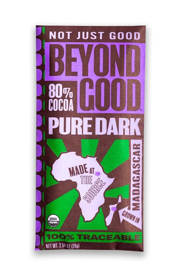 Beyond Good 80% Cocoa Pure Dark Chocolate | 12 Pack - Chocolate Bars | Organic Direct Trade Vegan Kosher Non-GMO | Single Origin Heirloom Madagascar Dark Chocolate