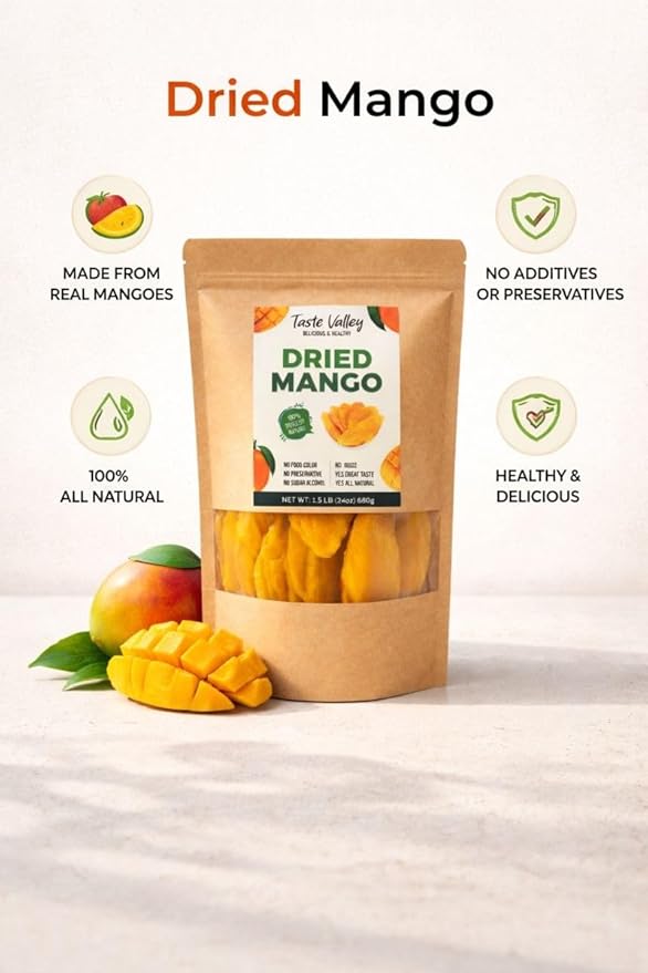 Taste Valley Dried Mango Slices (24 oz) - Naturally Ripened Unsweetened Dried Fruit - Soft &amp Chewy Healthy Snacks for Kids &amp Adults - Gluten Free Non-GMO Vegan - No Added Sugar (1.5 lbs Bulk