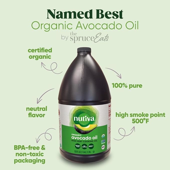 Nutiva Organic Steam-Refined Avocado Oil 100% Pure 1 Gallon USDA Organic Non-GMO Whole 30 Approved Keto Paleo High-Heat Oil with Neutral Flavor and Aroma for Cooking &amp Frying