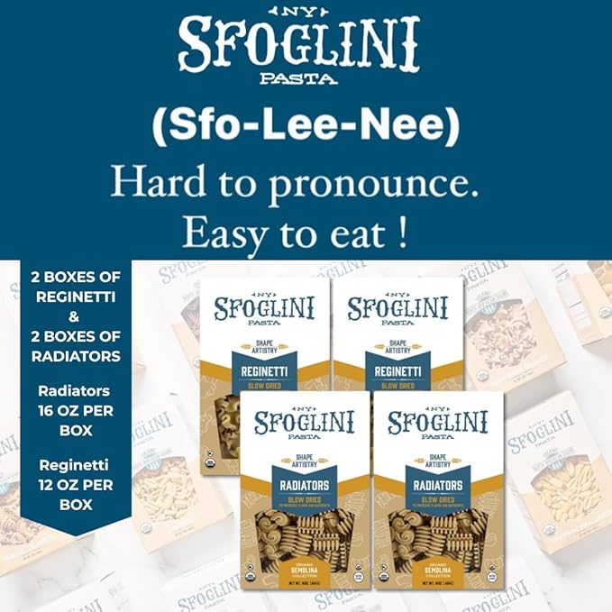 Sfoglini Organic Durum Semolina Reginetti (12 oz) &amp Radiators (16 oz) Pasta (4-Pack 2 Packages Per Shape)