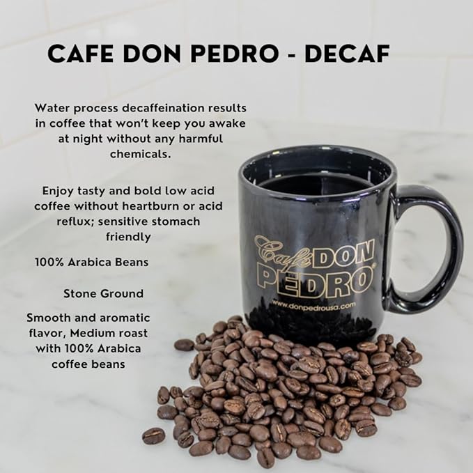 Cafe Don Pedro Decaf American Roast Naturally Low Acid Coffee Medium Roast Stone Ground Coffee Stomach Friendly Prevents Acid Reflux Decaffeinated (12 Cans)