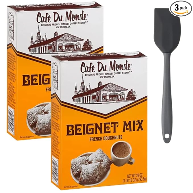 Cafe Du Monde Beignet Mix French Doughnuts Bundle Includes Two (2) 28 oz Beignets Mix and One Spatula (color may vary)