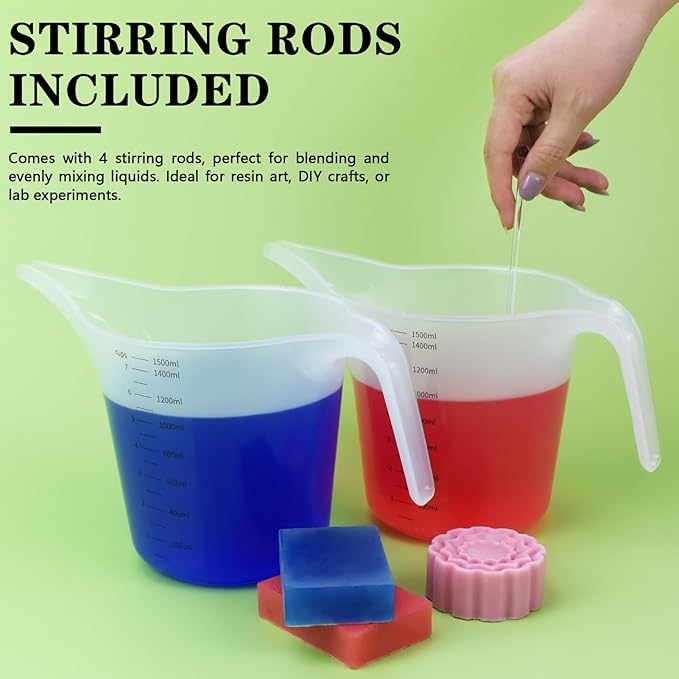 4 Pack 1500ml/50oz Long Spout Funnel Pitcher with Stirring Rods – Measuring Cups for Resin Paint Epoxy Crafts Soap Making Durable and Easy to Pour Great for Mixing Measuring Transfer Tasks