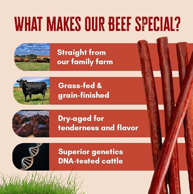 Oak Barn Beef Sticks - Dry Aged Meat Snacks - 100% Nebraska Small Farm Jerky Beef Sticks Individually Wrapped - Low-Calorie Sugar-Free Protein Snacks - Gluten Free Meat Stick - Smokey Sweet BBQ 12Pcs
