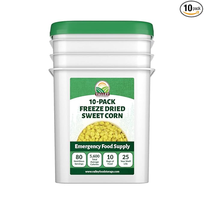 Valley Food Storage Freeze Dried Sweet Corn | 10-Bag Bucket 56 oz | Premium Emergency Food Supply 25 Year Shelf Life | Long Term Food Storage Camping Meals &amp Prepper Supplies | Packaged in USA