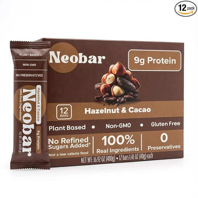 NEOBAR 9g Plant-Based Protein Fruit and Nut Bars - Vegan Snack Bars Gluten Free Dairy Free Snacks No Preservatives No Refined Sugars Added Non-GMO | Hazelnut &amp Cacao 12 Count
