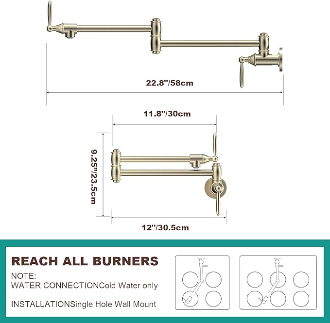 Wall-Mounted Foldable Brass Pot Filler Faucet for Kitchen Multifunctional Adjustable Water Faucet (Brushed Gold)