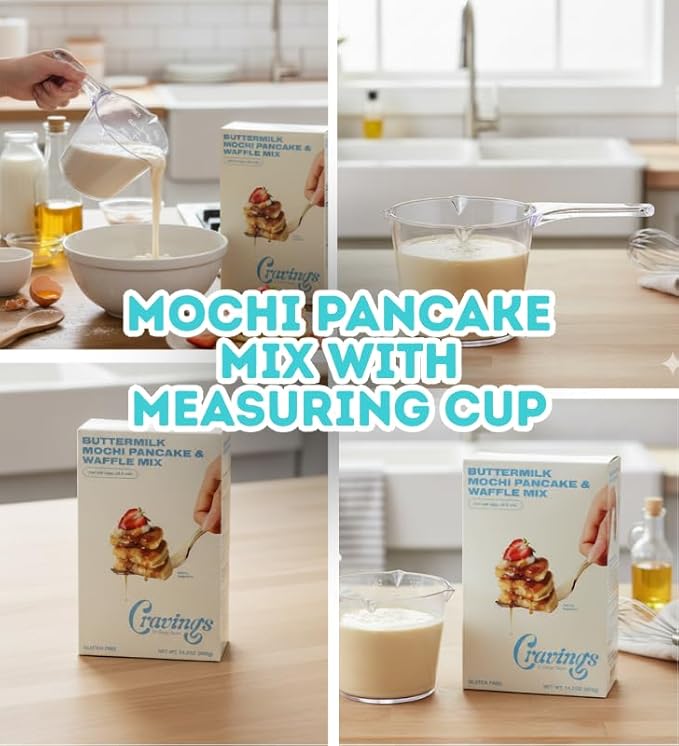 Butter Milk Pancake – 3x Buttermilk Mochi Pancake and Waffle Mix – 14.2OZ Bundle with 1 Cup Plastic Clear Measuring Cup – Rice Flour Blend with Buttermilk for Pancakes and Waffles – Gift Set (4 Items)