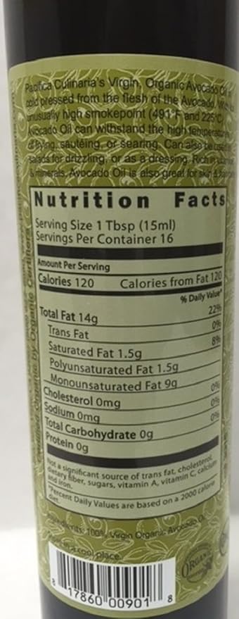 Pacifica Culinaria COLD PRESSED Extra Virgin Avocado Oil Made in USA 8.5 fl oz (250ml) Bottle (100% Virgin Organic Avocado Oil)