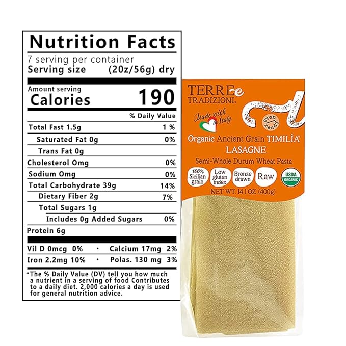 TERRE E TRADIZIONI 6 PACKS ORGANIC ITALIAN SEMI WHOLE DURUM LASAGNA PASTA – Sicilian Ancient Grain Timilia Vegan Crafted in Italy. LOW-GLUTEN INDEX. Has 6X More Fiber and Protein than Popular Grains