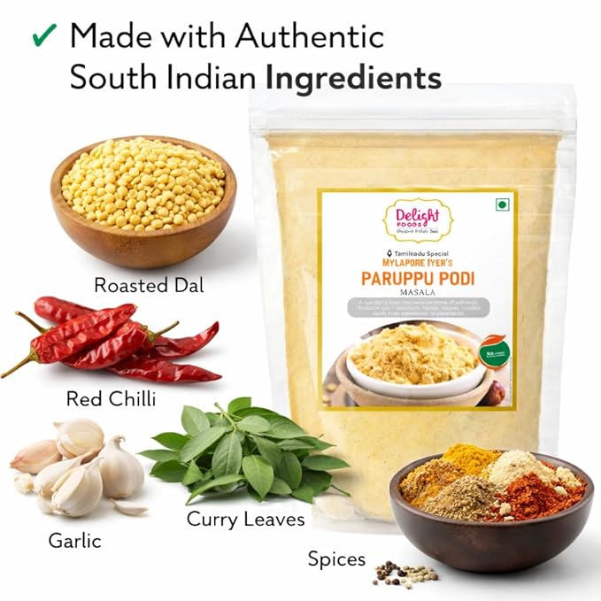 Delight Foods Mylapore Iyer's Paruppu Podi 350g - Gun Powder | Mixed Spices | Tamil Nadu Special | NO PRESERVATIVES