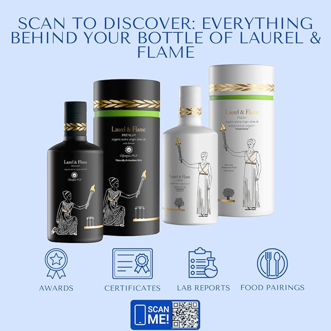 Laurel &amp Flame Fresh - Extra Virgin Olive Oil - Best Greek Olive Oil Award - Cold Pressed - Polyphenol Rich (1212 MG/KG) - USDA-Organic - 90X Hydroxytyrosol Polyphenols - Early Harvest - Single