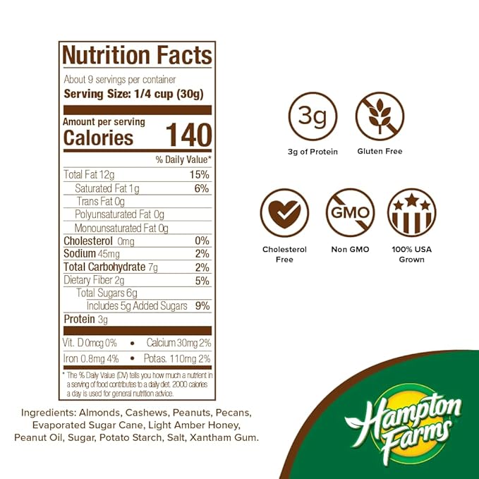 Hampton Farms - USA Grown Gourmet Nuts - Honey Roasted Mixed Nuts - 10 oz. Canisters - 2 Pack