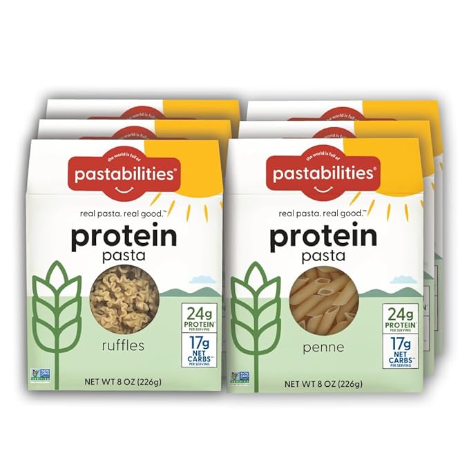 Pastabilities Protein Pasta Variety Pack (Penne &amp Ruffles - 24g Protein &amp Low Carb 17g Net Carbs - High Protein Delicious Taste &amp Texture Non-GMO Plant-Based Pasta Keto Friendly Vega