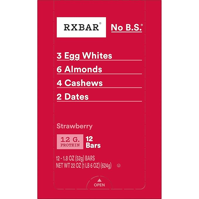 RXBAR Protein Bars 12g Protein Gluten Free Snacks Strawberry 22oz Box (12 Bars)