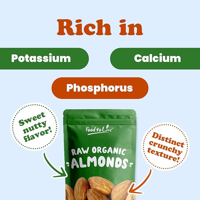 Food to Live - Organic Imported Raw Almonds 1 Pound Non-GMO Whole No Shell Unpasteurized Unsalted Vegan Kosher Keto-Friendly.