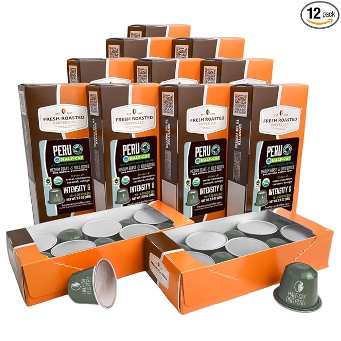 Fresh Roasted Coffee USDA Organic Peru WP Half-Caf Espresso Pods for Nespresso OriginalLine | 3rd Party Tested for Pesticides Mold Mycotoxins | Kosher | 120 Recyclable Aluminum Capsules