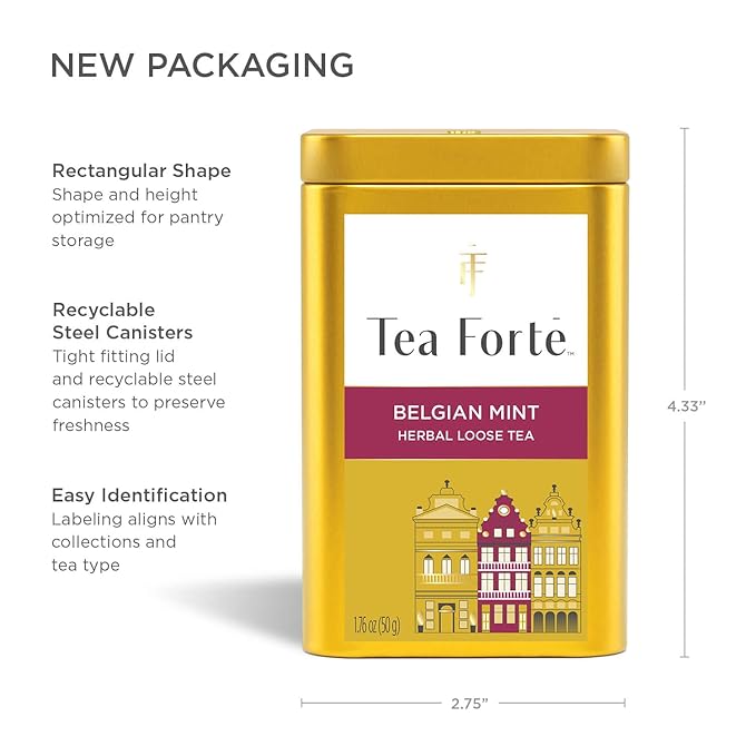 Tea Forte Belgian Mint Premium Loose Leaf Caffeinated Herbal Tea Blend Canister Makes 35-50 Cups