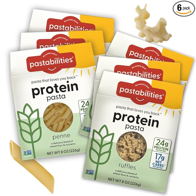 Pastabilities Protein Pasta Variety Pack (Penne &amp Ruffles - 24g Protein &amp Low Carb 17g Net Carbs - High Protein Delicious Taste &amp Texture Non-GMO Plant-Based Pasta Keto Friendly Vega