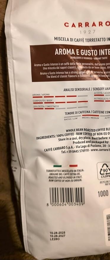 Carraro 1927 Aroma e Gusto Intenso Whole Bean Roasted Coffee Blend 1000g 2.2 lb