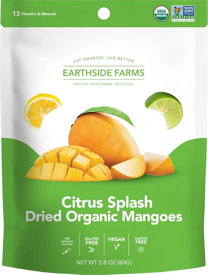 Earthside Farms - Dried Organic Mango Variety Pack Original Citrus Splash Lime Kick and Peach Paradise Dried Organic Mangoes Gluten Free No Added Sugar Non GMO Organic Vegan No Preservatives