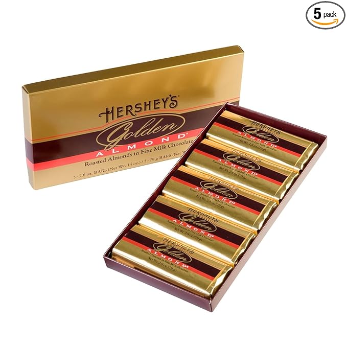 HERSHEY'S GOLDEN ALMOND Chocolate Bar Roasted Almonds in Fine Milk Chocolate Candy Bar Individually Wrapped Bars in Gift Box 14 Ounce Box
