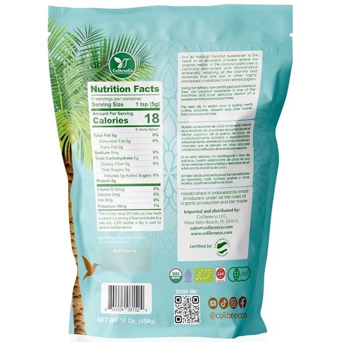Colibreeco Organic Coconut Sugar 1 Pound (Pack of 12): Sweeten your Drinks and Recipes With Coconut Palm Sugar Gluten-Free USDA Organic Unrefined Naturally Sweet and Chemical-Free.