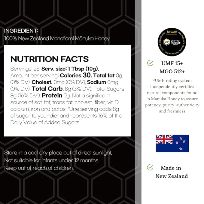 Hi Well Premium New Zealand 100% Manuka Honey | Monofloral Pure Raw Honey | UMF Certified | 8.82Oz(250g) Jar (UMF 15+)