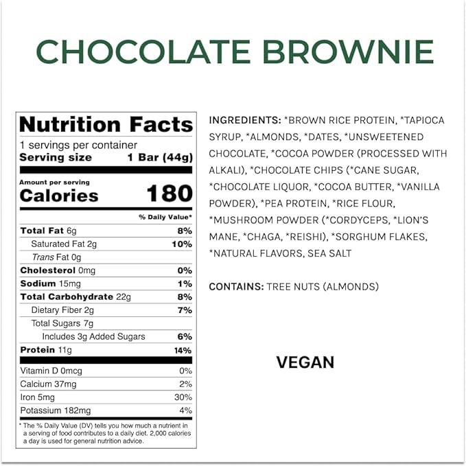 Functional Mushroom Vegan Protein Bars | Made in USA | Full Dose Lions Mane Shitake Reishi &amp Maitake Bars | Plant Protein Bars w/Adaptogens &amp Superfoods | Chocolate Brownie Flavor