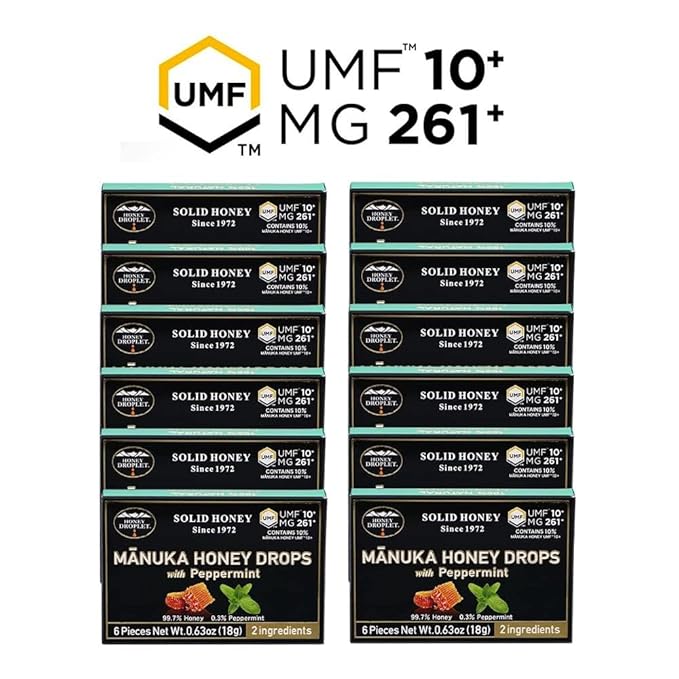 [HONEY DROPLET] 100% Manuka Honey Drops Truly Natural from New Zealand 2 Premium Ingredients 12 Packs (Peppermint UMF™10+)