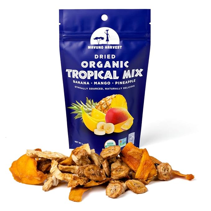 Mavuno Harvest Tropical Mix Dried Fruit Snack | Unsweetened Organic Mixed Dried Fruit | Gluten Free Healthy Snacks for Kids and Adults | No Sugar Added Vegan Non GMO | 2 Ounce Pack of 6