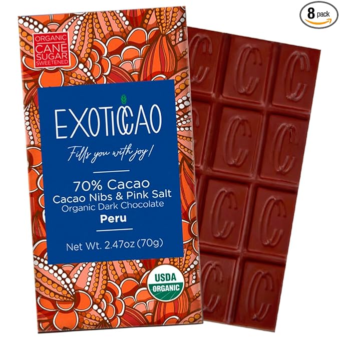 EXOTICCAO 8 Pack Cacao Nibs &amp Pink Salt Organic Dark Chocolate Bars|Cane Sugar|Gluten-Free Vegan Non GMODairy free Soy Free|70% Cacao|2.47 oz Each