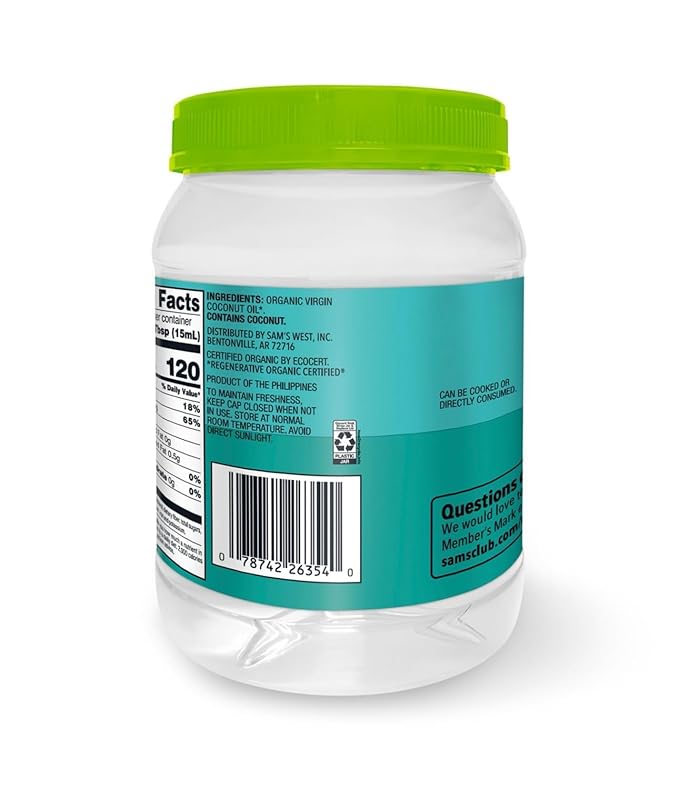 Member Mark Coconut Oil - Organic Virgin – Unrefined &amp Cold-Pressed | 100% Pure Natural GMO-Free Kosher &amp Halal | Moisturizer for Skin Hair &amp Body | Ideal for Cooking Baking &amp Beau