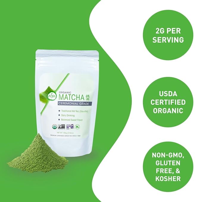 Aiya Certified USDA Japanese Organic Ceremonial Grade Matcha Green Tea Powder - Gluten-Free Non-GMO - 100g Bag (3.53 oz.)