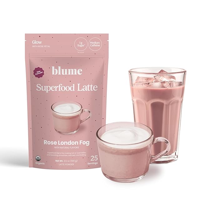 Blume Organic Rose London Fog Earl Grey Tea | Decaf Black Tea Rose Petal Powder Vanilla Tart Cherry and Bergamot | Plant Based Superfood Latte | Vegan Gluten Free Drink | 25 Servings