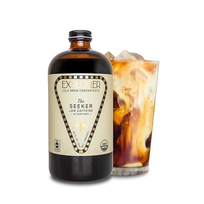 Explorer Cold Brew Organic Liquid Coffee Concentrate Seeker Low Caffeine Drink Iced or Hot 32 fl oz Makes 20+ Cups