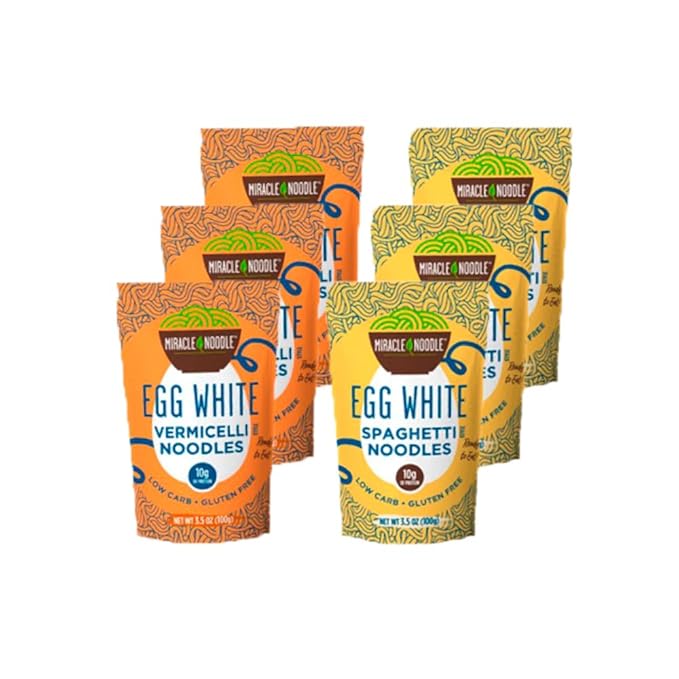 Miracle Noodle Egg White Pasta Variety Pack 3.5 Oz (Pack of 6) Spaghetti Vermicelli Angel Hair Ready to Eat Egg White Noodles 10g Protein 45 Calories 1g Net Carbs Per Serving High Protein Ket