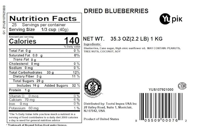 Yupik Dried Blueberries 2.2 lb (35.2 oz) Gluten-Free Kosher Sweet Dried Fruits Whole Berries No Sulphites Source of Fiber &amp Vitamins Healthy Snacks Ideal for Baking &amp Topping