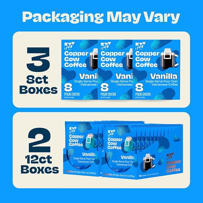 Copper Cow Coffee Premium Pour Over Single-Serve Vietnamese Coffee Pouches (24 pack) | Vanilla | Dark Roast | Flavored with Vanilla Beans | Convenient Vietnamese Ground Coffee Packets Travel Friendly