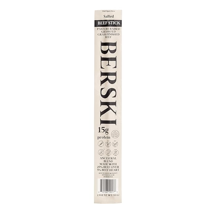 BERSKI Salted Beef Sticks – 100% Grass-Fed Grass-Finished – Ancestral Blend with Liver &amp Heart – Keto Paleo – Regeneratively Raised USA Beef – 8 Pack (1.9 oz Sticks)