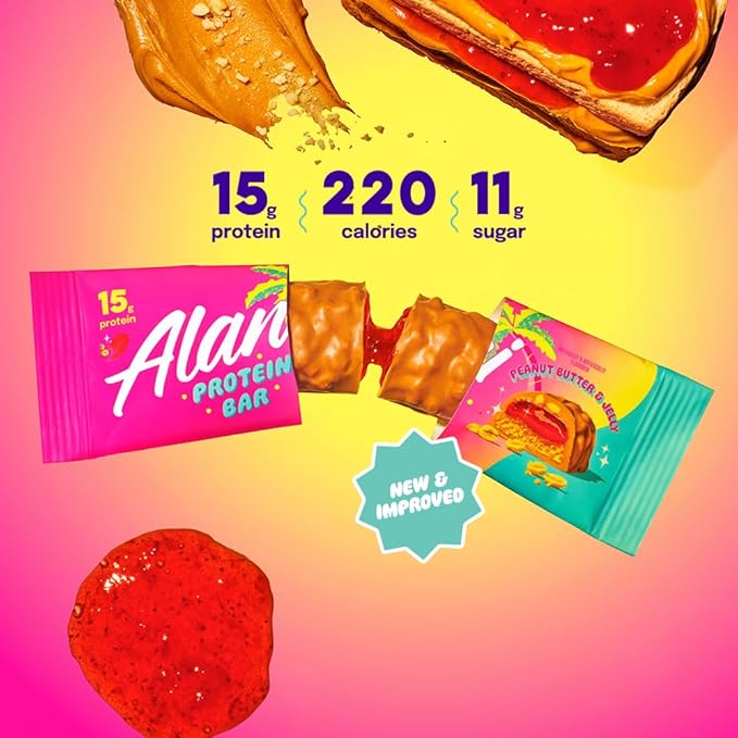 Alani Nu Protein Bars PEANUT BUTTER &amp JELLY | High Protein Gluten-Free Bars | 16g Protein | Low-Sugar (11G) Low-Carb Healthy Snacks | 12 Individually Wrapped Bars