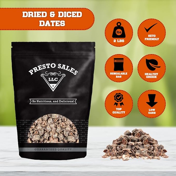 Presto Sales Chopped Dates 32 oz. | Rich Meaty Thick Flesh 3/8’’ diced | Called The King Of Dates Sweet Nutritious Healthy Diced Dates Snack Vegan | Resealable 2 lbs. bag