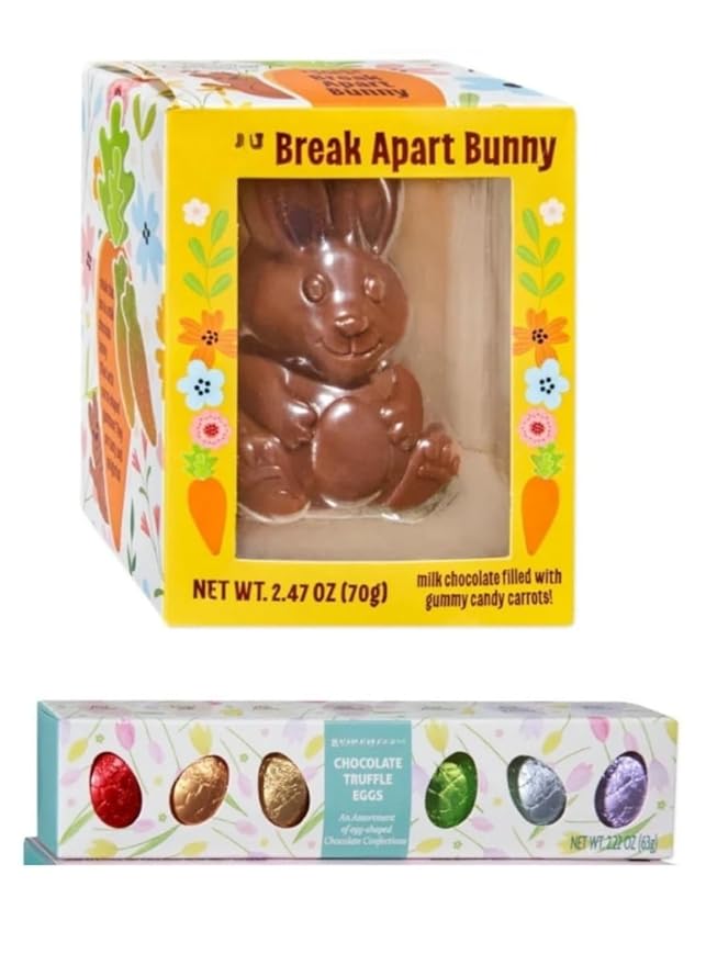 Break Apart Bunny (milk chocolate bunny filled with carrot-shaped gummy candies and Chocolate Truffle Eggs (assortment of egg-shaped chocolate confections each giftable 2.22-oz. box