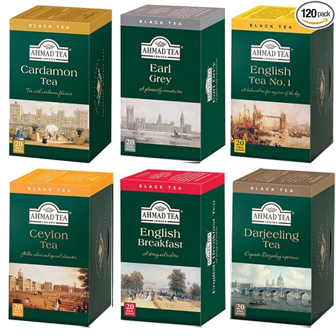 Ahmad Black Tea Classic Variety Pack with English Breakfast English Tea No.1 Darjeeling Ceylon Earl Grey &amp Cardamom Tea 20 Bags Each (Pack of 6)