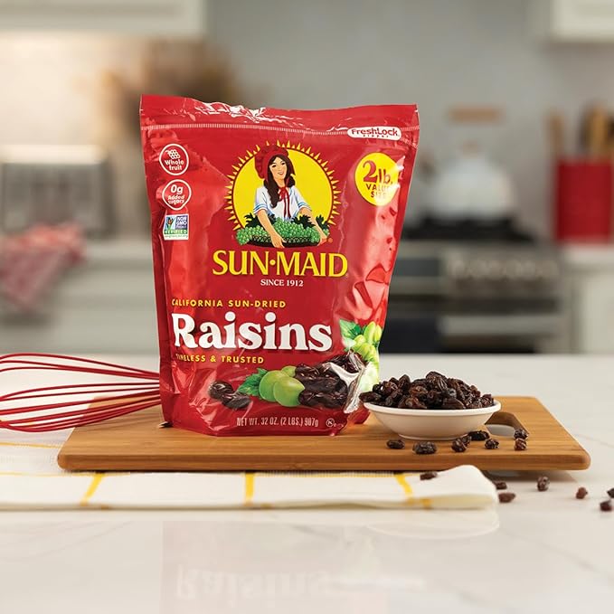 Sun-Maid Bundle California Sun-Dried Raisins (2 Pack) 32 oz Resealable Bag + Farmstand Reserve (24 Count Variety Pack) 0.8 oz Snack Bag Whole Cranberries and Mixed Berries
